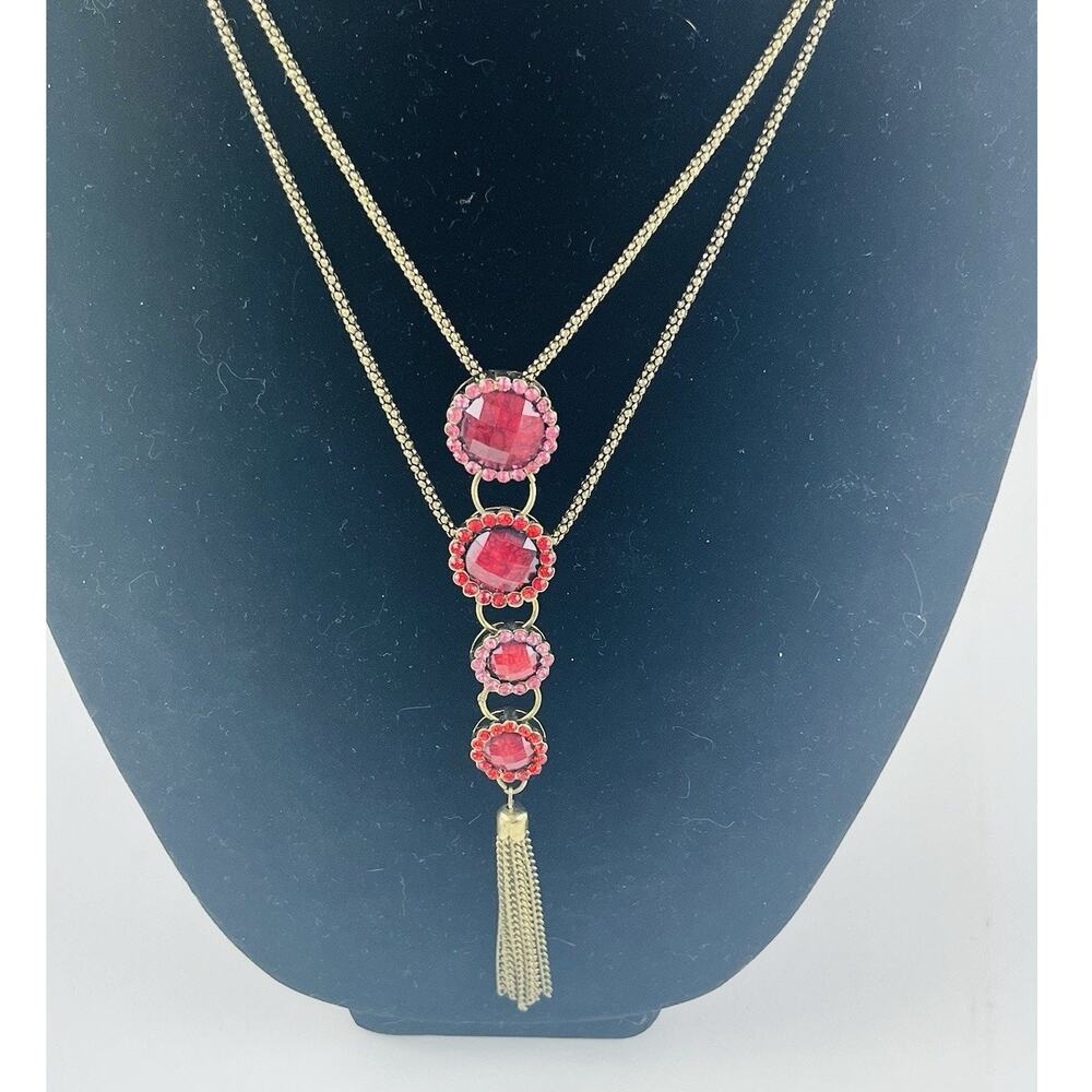 Pink Red Rhinestone Long Tassel Statement Necklace Faceted Brass Tone Slider Chu